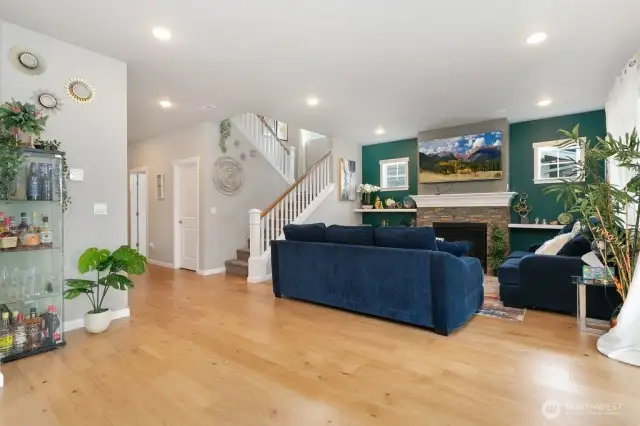 Open concept living room with gas fireplace
