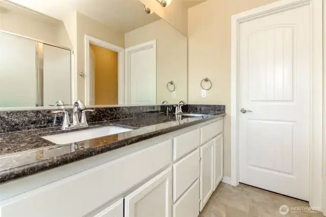 Primary bathroom with walk in closet.