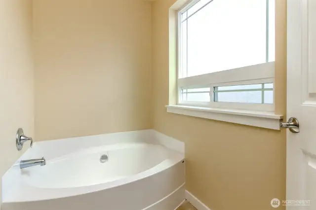 Luxurious soaking tub in the primary bathroom.