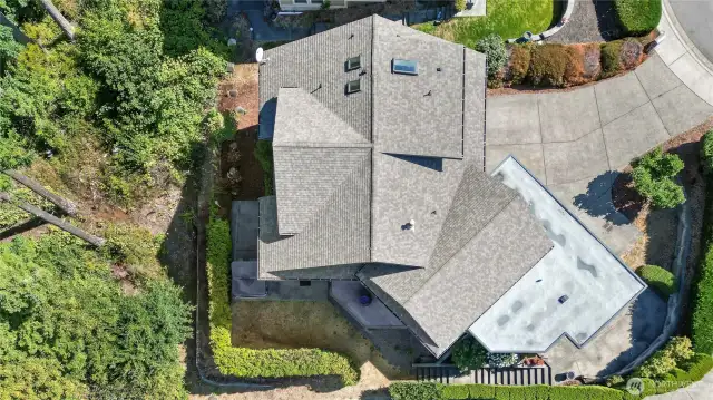 Drone birds-eye overhead view of the property.