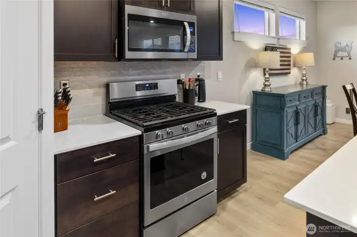 Well- maintained Palomino Home open concept chef's kitchen with quartz counters, Stainless steel appliances and soft-close cabinetry/great room/dining area