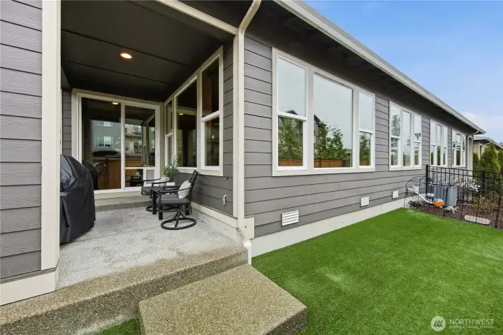 Sunny backyard and covered patio.