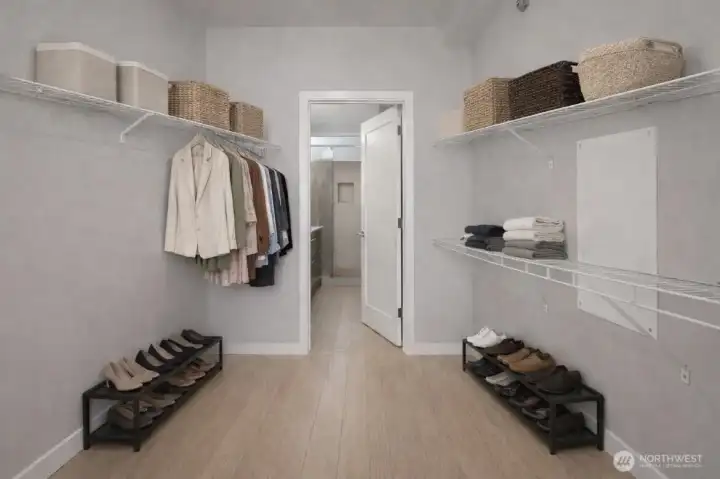 Primary bedroom walk in closet: virtual staged