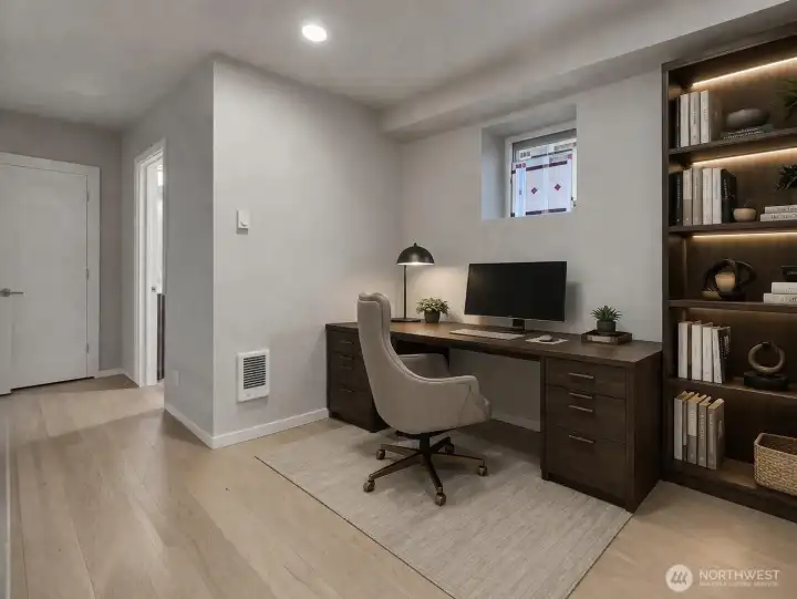 Den great for a home office or flex room: virtual staged