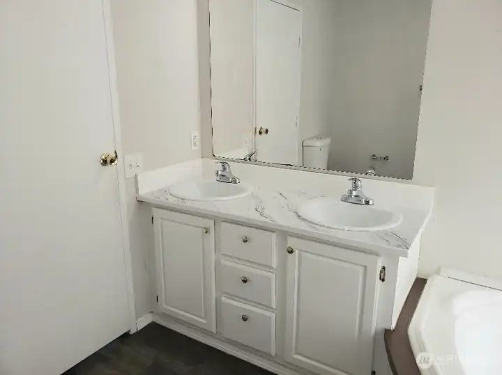 Picture of the Huge Primary Master Bathroom with Newer Double Sink Vanity, Counter Top, Newer Trim, and Vinyl Plank Flooring.