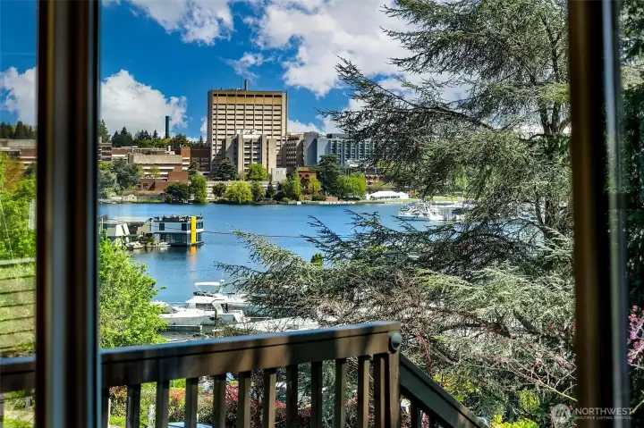 View from the living area towards Portage Bay, yacht club sail boats & UW.