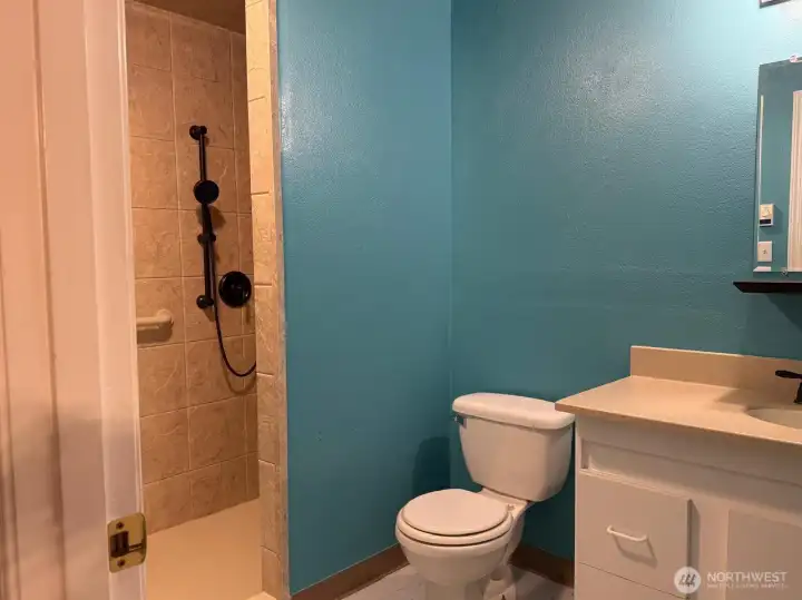 Comfortable walk in shower in the downstairs bathroom.