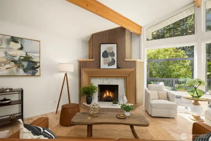North West Fireplace and View of the fully fenced backyard