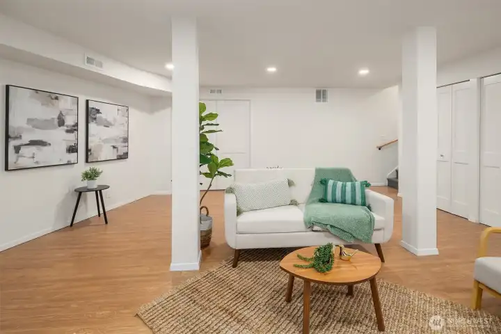 Lower Level Bonus Room, Mechanical Room straight ahead, and Stairs to the right to Main Level