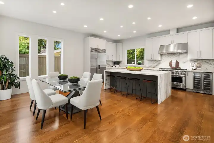 Plenty of space to satisfy all of your entertaining needs. American White Oak Site-Finished Wide Plank Flooring(just refinished).