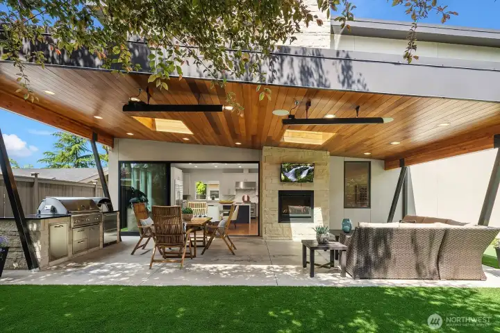 Covered patio with skylights and two dual-element infrared heaters