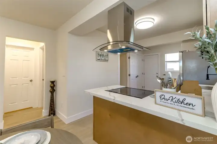 Brand new kitchen cabinets and sleek quartz countertops and brand spanking new appliances too!