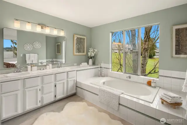 Primary bath with soaking tub and shower