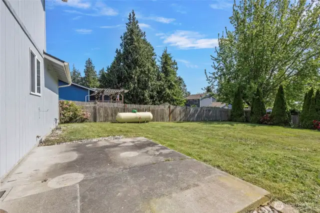 The cement patio is very practical, but what a great place to put a deck!