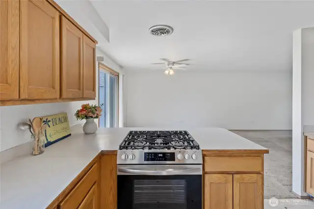 Kitchen features a new propane chef's stove. All appliances stay.