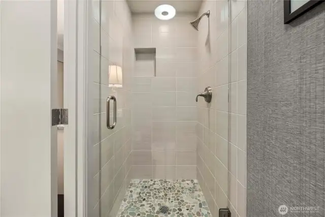 Custom Primary 3/4 Bathroom, all tiled, non-slip, stone-pebble floor