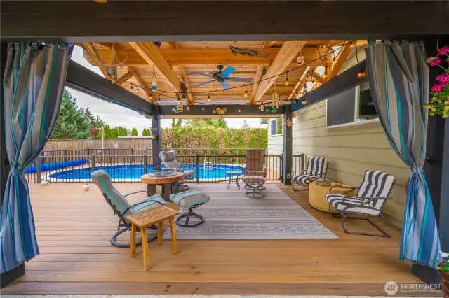 Custom Built Gazebo/Pergola with Gas Fireplace, Custom Lighting, Electrical Outlets in all Four Posts.  This is an Outdoor Room you will enjoy ALL YEAR.