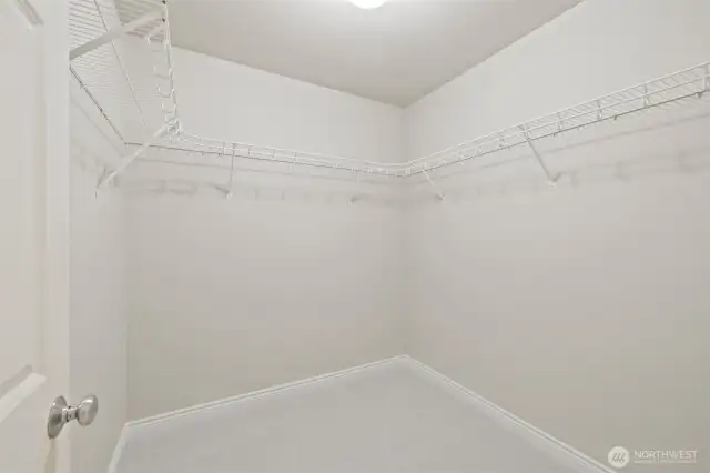 Primary walk in closet with good shelving and lots of space.