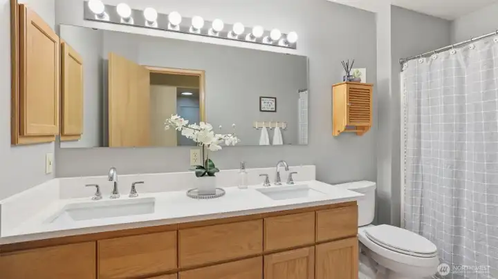 Updated full bath off hallway with newly replaced countertops and flooring