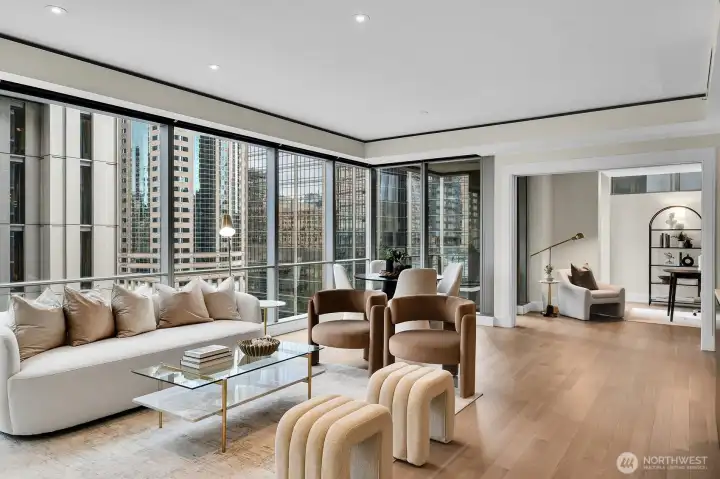 Alternate staging of living room with a dining table.