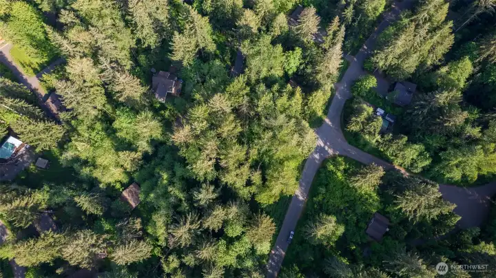 Top down view of our subject corner property with exceptional privacy. Top down view of our subject corner property with exceptional privacy.