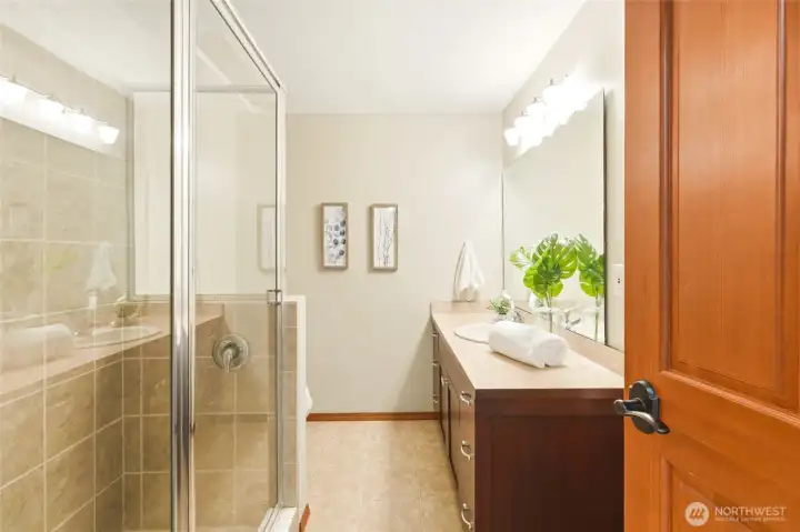 A spacious 3/4 bathroom on the lower level.