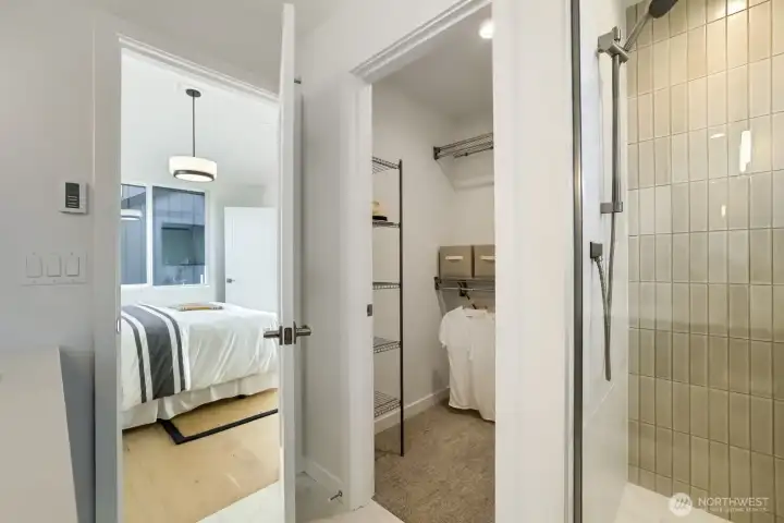 The bathroom looking to the bedroom.