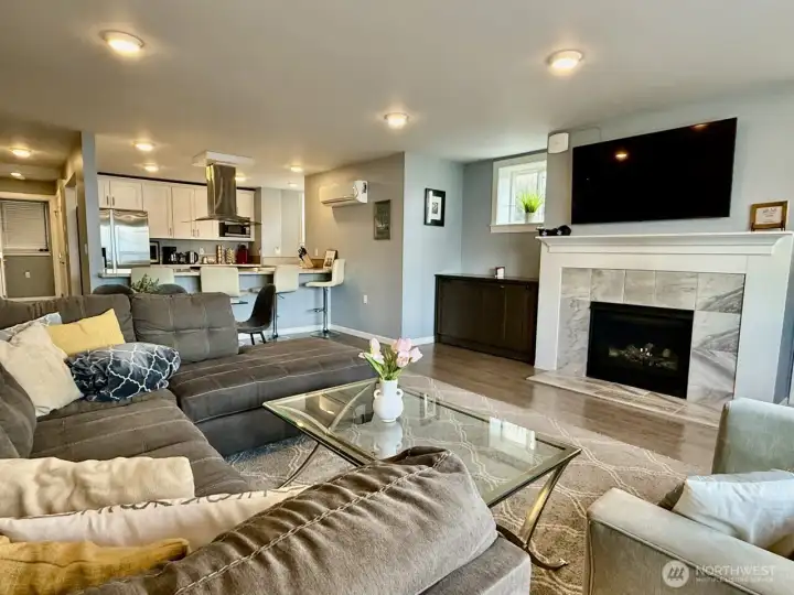 Unit B living room looking into kitchen