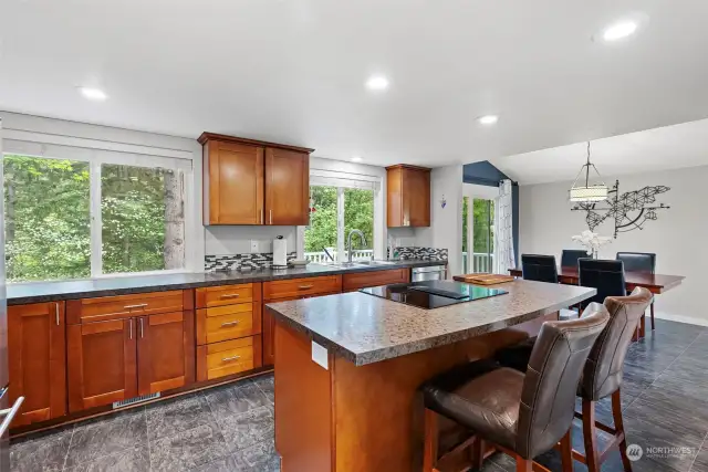 Eat-In kitchen with expansive almost 20ft long kitchen island.