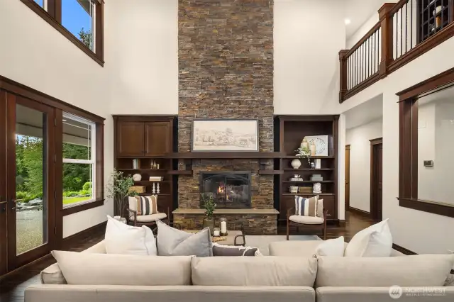 French Doors, towering gas fireplace~