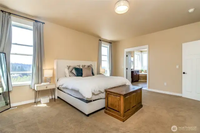 Large primary bedroom with lofty ceilings and huge windows let in natural light and that same gorgeous view.