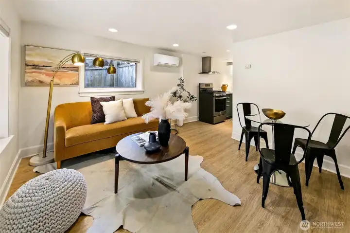 The lower level family room, with kitchen.