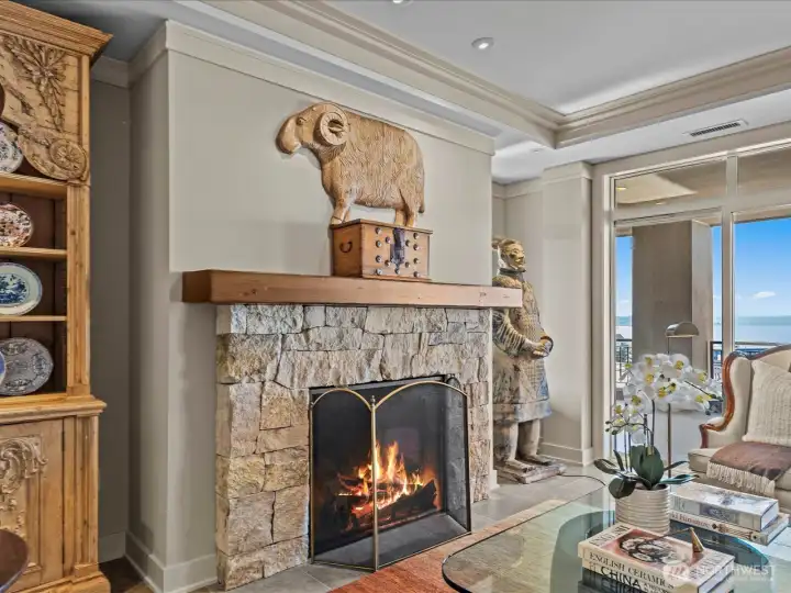 Gas fireplace with stone surround.