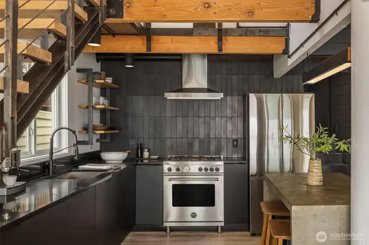 Bold colors softened by the warm tones & textures of the natural wood and polished concrete.