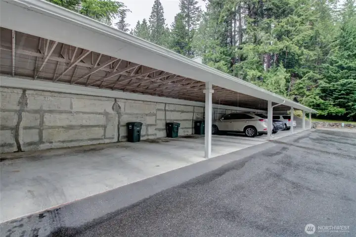 Covered carport with numbered stalls for each unit owner.