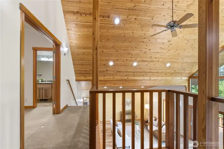 The upper-level landing overlooks the main living area below, enhancing the home's open and connected feel. The upper-level landing overlooks the main living area below, enhancing the home's open and connected feel.
