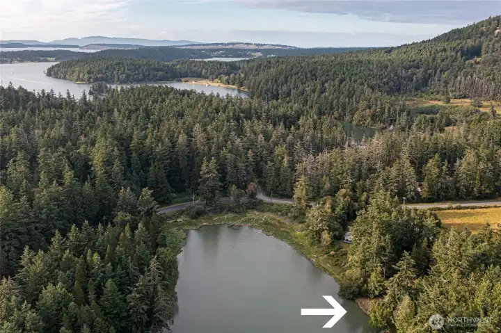 Aerial perspective showcases the property's private waterfront setting within the scenic northwest side of San Juan Island near Mitchell Bay and Roche Harbor.