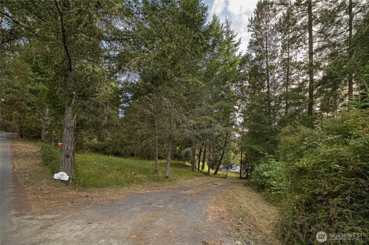 The gently winding driveway and natural landscaping enhance the property's privacy while maintaining easy access from the road.