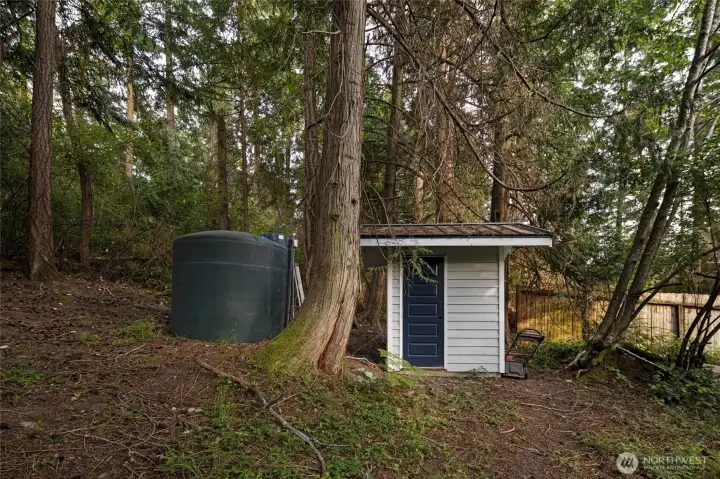 Utility shed and water storage system provide practical infrastructure while blending naturally into the wooded surroundings.