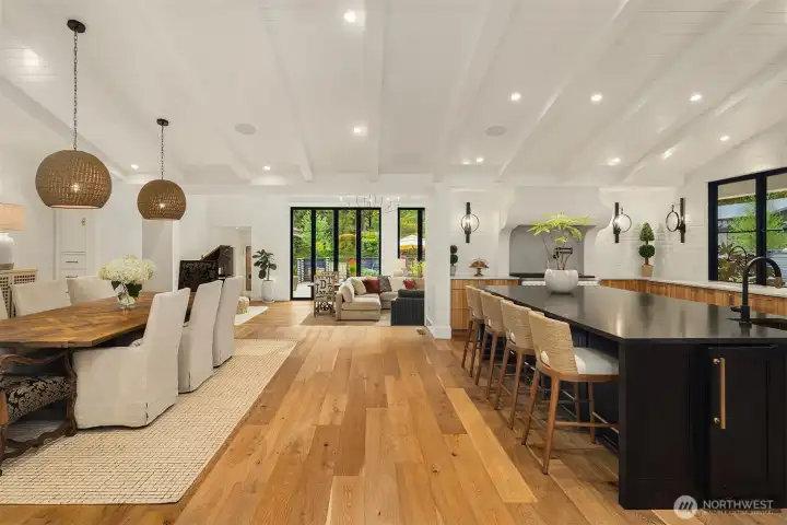 Step down (two illuminatedd steps) from the kitchen/dining areas to the great room.