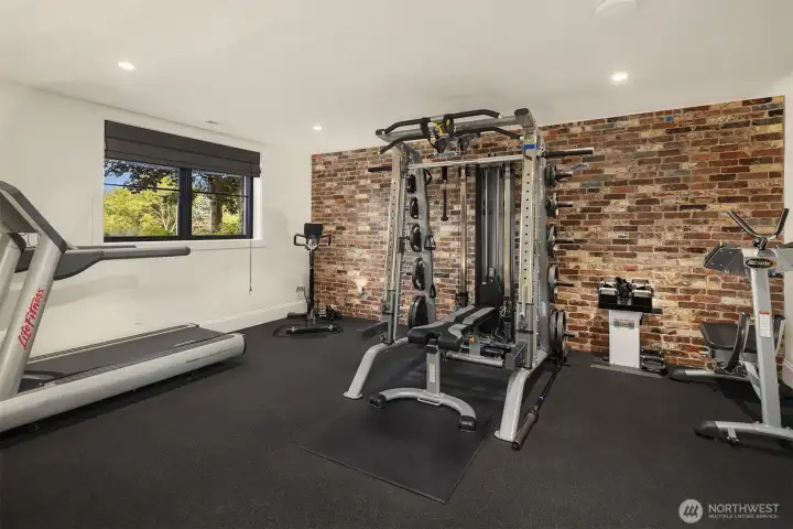 Home gym with french casement window with hidden retractable screens.  Gym features a secret mirrored door into the primary bath.