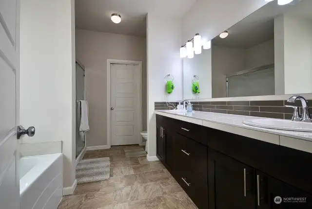 Amazing primary bathroom offers soaking tub, dual vanity and walk in closet