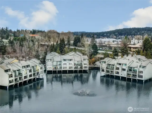 Lake Bellevue Village condos. Condo is located in the building on the far right.