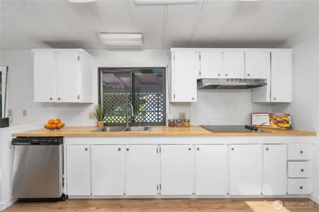 Another view of the sink and cooktop. The window looks into the enclosed privacy space on the back deck.