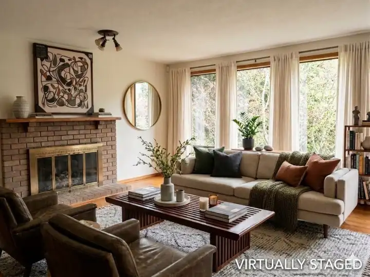 Virtually Staged Living room with Mid Century Vibe