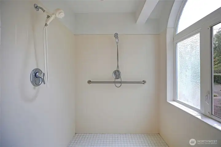 Step in shower with dual shower heads with window to the brick courtyard.