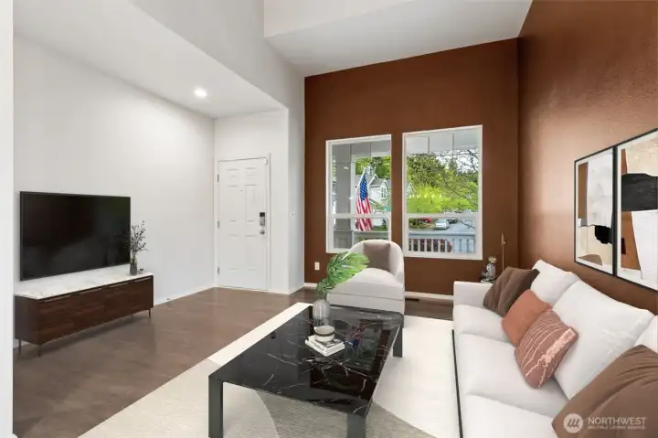 Living room view, I really love the large windows and the warm color, plus the floors throughout this level are GORGEOUS. ***Virtually Staged***