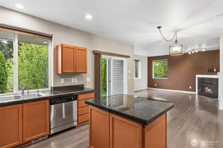 Kitchen view two towards your family room, great open concept living back here, large patio doors lead to your covered patio and amazing backyard. Look and the huge windows above your sink! Territorial views for days.