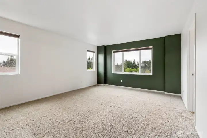 Primary Suite view, large windows again, carpets just cleaned, your ensuite bath is to your right.