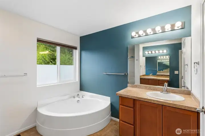 Primary 5-piece ensuite bath view one, love that soaking tub, privacy glass and double vanities - 1 of 2 shown here.